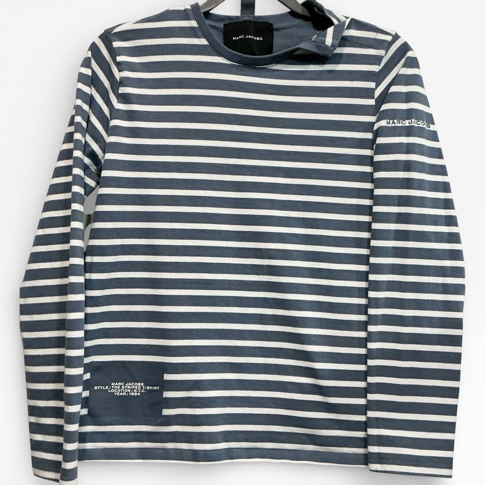 Marc Jacobs The Striped‎ T-Shirt White Blue Breton Stripe Logo Tee Designer XS